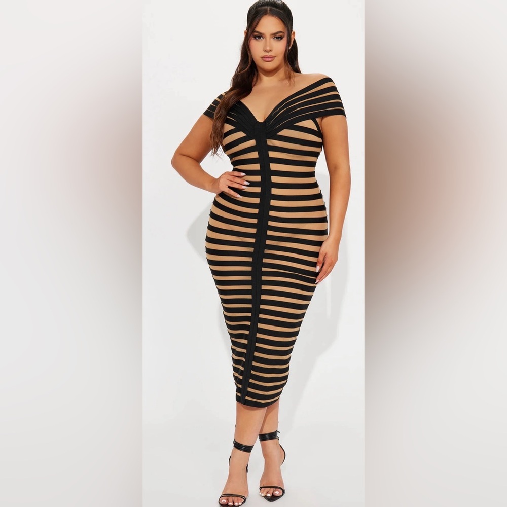 Pre-Loved Striped Off-Shoulder Midi Dress in Nude and Black